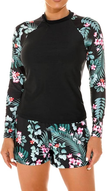 Women Two Piece Rash Guard Long Sleeve Swimsuit UV UPF50+ Swim Shirt Bathing Swimwear with Short Bottom
