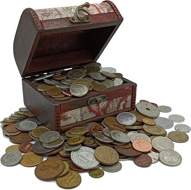 Treasure Chest with Authentic Collector's Coins - Includes 1kg of World Coins and a Treasure Chest for Storage - Expert Tested