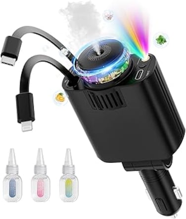 5-in-1 Car Charger with Aromatherapy and Starlight, 69W Fast Charging, Retractable USB-C and iOS Cables, Fast Charging USB-C &amp; iOS Cables for iPhone 16/15/14, Android &amp; More Ambient Light Proj