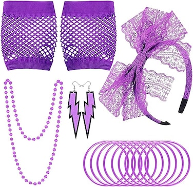 80s Fancy Dress Costume Accessories Lace Headband Earrings Fingerless Fishnet Gloves for 80s Retro Party (Purple)
