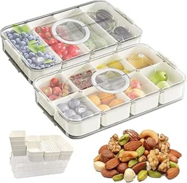 2pcs Divided Serving Tray with Lid, Food Storage Container Stackable Vegetable Fruit Organizer Bins for Refrigerator 8 Compartment Tray Snackle Box Charcuterie Container with 4 Drain Basket Time Scale