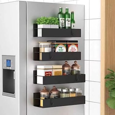 HuggieGems 4 Pack Magnetic Spice Storage Rack Organizer for Refrigerator and Oven, Black Fridge Organizers and Storage