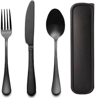 GTGR Heywood Portable Travel Utensils Set with Case 18/8 Stainless Steel Black Silverware Sets Include Knife Fork and Spoon with Case Reusable Utensil Set for Lunch Box and Camping (Black)
