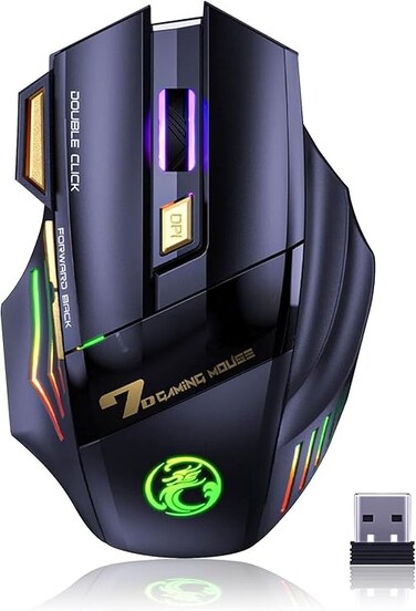 Wireless Bluetooth mouse, 2.4G dual mode (Bluetooth +USB) silent mouse, dazzling light effect, 3200 PDI gaming mouse, 7 buttons, rechargeable, suitable for Windows, Mac (X7 black), GW-X7