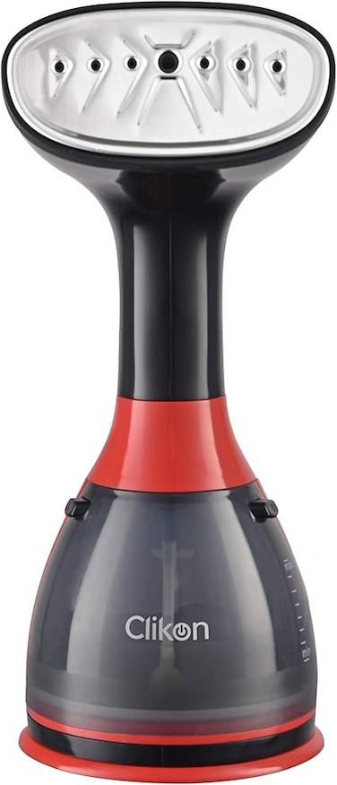 Clikon 280 Milliliter Travel Friendly Handheld Portable Garment Steamer with Cloth &amp; Lint Brush, Detachable Water Tank, Stainless Steel Panel, 1500 Watts, 2 Years Warranty, Black and Red - CK4035