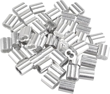 50 pcs Aluminum Crimping Loop Sleeve Clips with Double Ferrules/Holes for 4.0mm Cable Wire Rope Silver Tone
