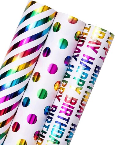 Rainbow Gift Wrapping Paper Rolls, 9 Meter Gift Wrapping Paper Roll, 3 Different Style Multicolor Sheets (43cm X 3m) Gift Wrap for Birthday, Holiday, Wedding, ورق تغليف هدايا