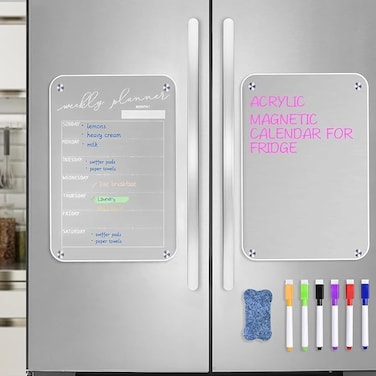 2PCS Magnetic Weekly Calendar for Fridge, Acrylic Magnet Dry Erase Board,Meal Weekly Planner Board for Refrigerator,Calendar for Home,Office,School