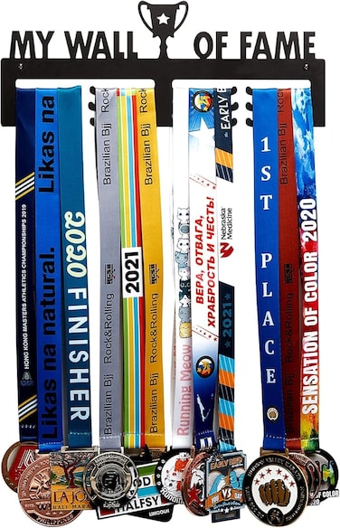 My Wall of Fame Medal Holder Metal Marathon Display Hanger Rack Medal Hanger Display Wall Mounted Sports Medals Frame Race Medal Shelf over 30 Medals Easy to Install for Soccer Gymnastics Award, Black