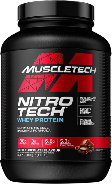 NitroTech Whey Protein Ultimate Muscle Building Formula with a Unique Blend of Whey Protein Isolate &amp; Peptides - 30gm Protein, 3gm Creatine &amp; 6.6gm BCAAs, Milk Chocolate Flavor, 4.00 lbs