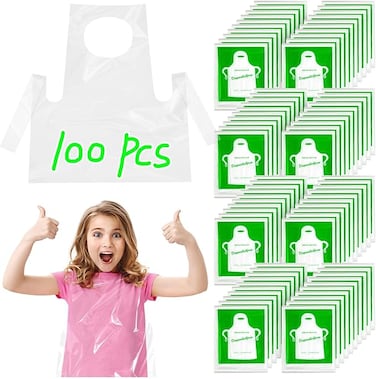 100 Pcs Clear Disposable Waterproof Aprons, Disposable Aprons Waterproof Oil-Proof, Kids Artist Apron Applied in Kitchen, Classroom, Community Event, Party, Crafts and Art Painting
