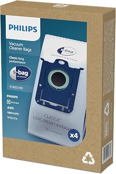 Philips S-Bag Vacuum Cleaner Bags - 4x Dust Bag, 50% Longer LifeTime, 15% More Capacity- FC8021/03