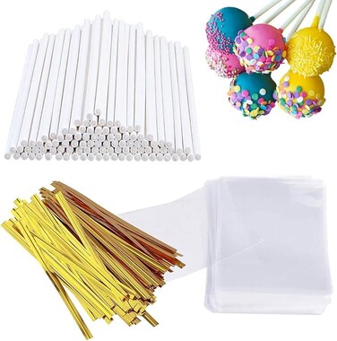Cake Pop Sticks and Wrappers Kit, Including 100 4-inch Paper Lollipop Sticks, 100 Clear Candy Bags, 100 Gold Twist Ties for Cakepop, Lollipop, Hard Candy, Suckers, Chocolate
