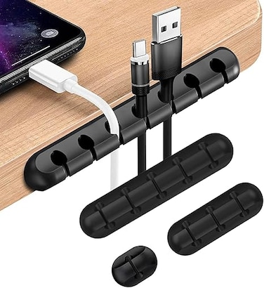Cable Holder Clips,4Pack Black Self Adhesive Cord Holder, Ideal Cable Management Cord Organizer Wire Keeper for Desk,Nightstand, Phone Charger,Computer,Home,Office,TV(1,3,5,7Slots)
