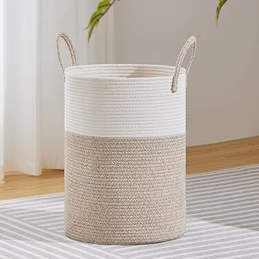 VIPOSCO Large Laundry Hamper, Tall Woven Rope Storage Basket for Blanket, Toys, Dirty Clothes in Living Room, Bathroom, Bedroom - 58L White &amp; Brown