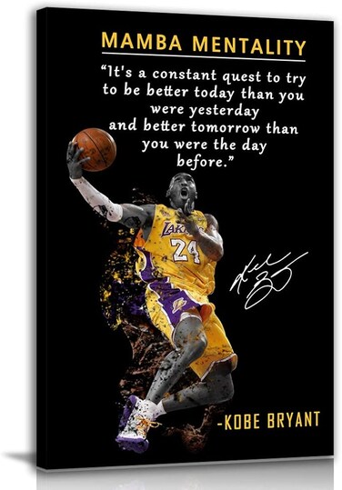 Kobe Bryant Inspirational Poster Canvas Wall Art &bull; Mamba Mentality Quote Canvas Wall Art &bull; Basketball Player Sports Home Decor &bull; Motivational Artwork For Home,Office,Gym Wall Decor Framed Ready to