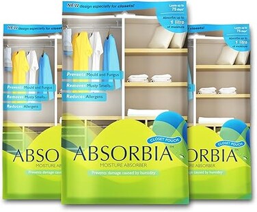 Absorbia Moisture Absorber Absorbia Hanging Pouch - Family Pack of 3(440 g X 3 Pouches)  Absorbs 1000ml Each   Dehumidifier for Wardrobe, Closet and Bathroom  Fights Against Moisture, Mould, Fungus