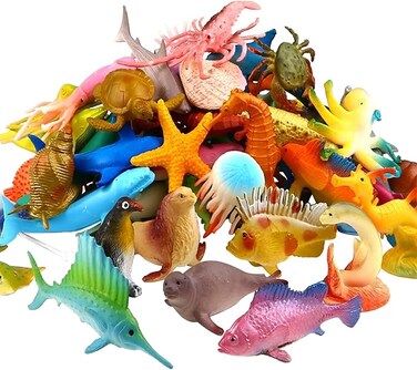 Ocean Sea Animal, 52 Pack Assorted Mini Vinyl Plastic Animal Toy Set, Realistic Under The Sea Life Figure Bath Toy for Child Educational Party Cake Cupcake Topper,Octopus Shark Otter