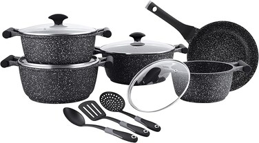 Granite 12 Piece Non-Stick Cast Aluminium Cookware sets   Induction Base   Non Stick Aluminium   Granite Casserole   Granite Fry Pan - Black