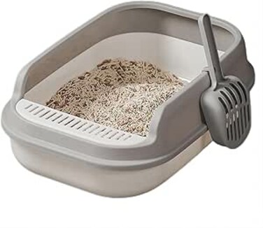 COOLBABY Large Semi-Enclosed Sifting Cat Litter Box with High Side Heightening Anti-Splashing Cat Toilet with Litter Sifting Scoop Removable Prevent Sand Leakage Deodorizing Cat Pan（Athens white）