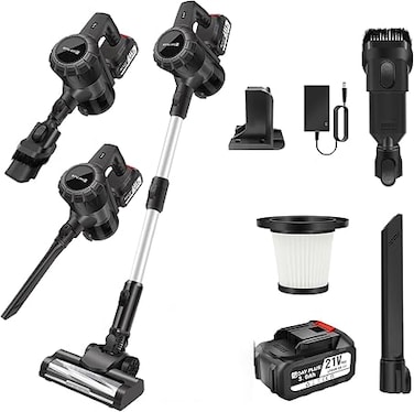 Cordless Vacuum Cleaner, 6 in 1 Lightweight Stick Vacuum, 22Kpa Powerful Suction Handheld Vacuum with 2 Speed, LED Light, 180&deg; Rotatable Brush, 45 Min Runtime for Carpet, Hard Floor, Pet Hair, Car