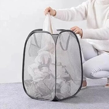VAFGWGPB The black foldable mesh laundry basket has a large capacity when opened and is easy to fold without taking up space.