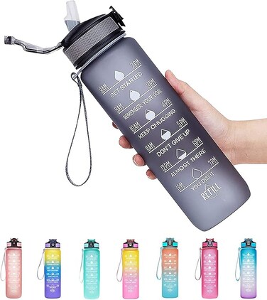 Motivational Large Water Bottle 1L Tritan Plastic Water Bottle With Time Markers, Leak Proof Water Bottle For Kids, School Water Bottles (GREY)