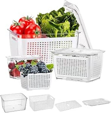 3 Sets Fruit Storage Containers for Fridge, Fresh Produce Saver, 6-in-1 Food Storage Container Organizers Refrigerator Lettuce Keeper Vegetable Drain Basket with Lids Removable Colander, 0.5L 1.7L 4L