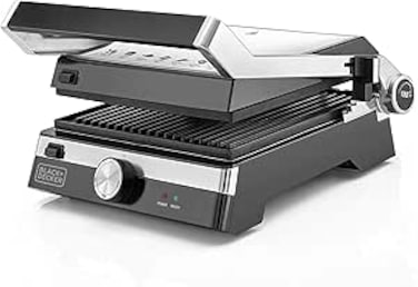 BLACK+DECKER Family Health Grill with 180&deg; Hinge, 2000W, 1500cm&sup2; BBQ Area, 5-Level Height Adjustment, Variable Temperature Control, Removable Drip Tray, Cool-Touch Handle, Black/Silver - CG2000-B5