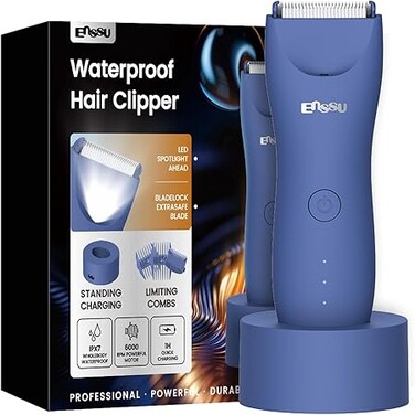 ENSSU Body Trimmer for Men, Electric Manscape Groin Trimmer with Skin-Safe Ceramic Blade, Waterproof Ball Trimmer for Chest, Beard, and Pubic Hair with Recharge Dock