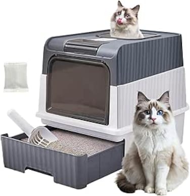 Pomefar Cat Litter Boxes,Foldable Closed Large Cat Litter Box with Lid,Deodorizing Cabin Closed Smell Proof Anti-Splashing with Scoop