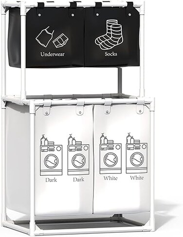MostNow 2-Tier Laundry Sorter Organizer - 4 Sections Hamper With Removable Bags, Vertical Divided Dirty Clothes Basket for Bathroom