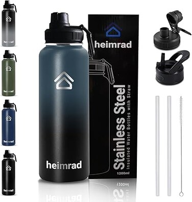 HEIMRAD 1200ml Stainless Steel Water Bottle with Straw Lid &amp; Spout Lid Double Wall Vacuum Insulated Sports Water Bottle Wide Mouth BPA-Free Leak-Proof Gym Bottle BLUE% BLACK