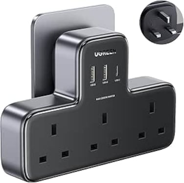 6-in-1 Power Strip Surge Protector Extension Plug Multiple 3 AC Outlet Sockets, USB C Fast Charger 3 USB Ports, Triple UK Plug Extender Type C Charging Station for Kitchen, Home Office