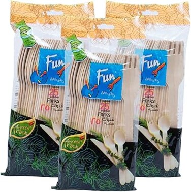 FUN BY AL BAYADER فن Promopack Eco Friendly Disposable Wooden Fork Set- Heavy Duty Cutlery Utensils Perfect For Parties And Restaurants 6.5 Inch - Pack Of 25 X 3