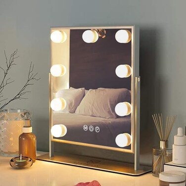 FENCHILIN   Vanity Mirror with Lights, Hollywood Style, 9 LED Bulbs, 3 Colors, White