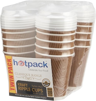 Disposable Twin Pack Kraft Ripple Hot &amp; Cold Coffee Cup 8 ounce with White Lid, 20 Pieces