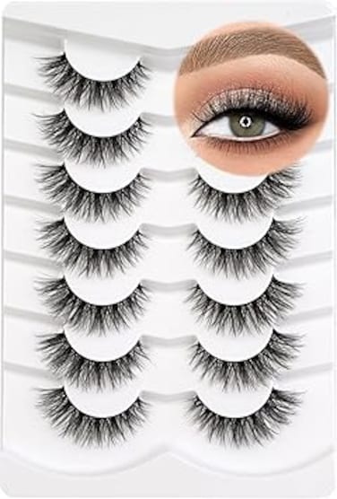 3D Clear Band False Eyelashes Natural Cat Eye Soft Faux Mink Lashes Wispy Fluffy Eyelashes Short Reusable 7 Pairs Happy Heartbeat (No.212)