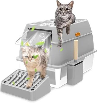 Angju Stainless Steel Cat Litter Box with Lid, Extra Large Enclosed Hign-Sided Litter Box with Removable Lid, Odor Free, Easy Cleaning, Non-Sticky, Anti-Urine Leakage, for Big Cats/Multiples(Gray)