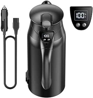 Car Electric Kettle with LCD Display &ndash; 12V/24V DC Portable Travel Heater, 55-100&deg;C Adjustable Temperature, 304 Stainless Steel, Fast Boiling for Tea, Coffee, Milk, or Outdoor Use (800ML)