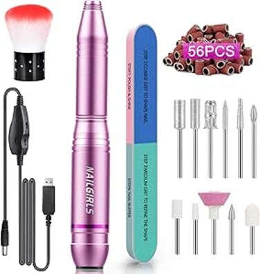 NAILGIRLS Electric Nail File, Portable Nail Drill USB 25000RPM Professional Nail Drill Machine for Acrylic Gel Nails Efile E File Manicure Pedicure Polishing Shape Tools for Home Salon Use (Pink)