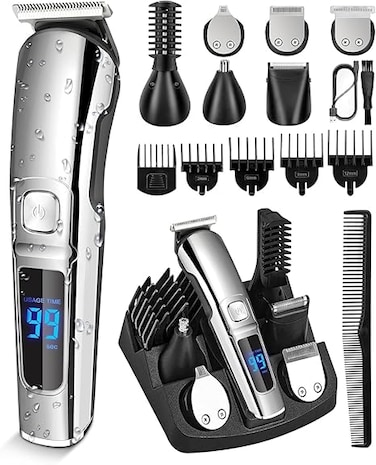 SKY-TOUCH Beard Trimmer &amp; Hair Clipper for Men, 13-Piece All-in-One Grooming Kit, Electric Shaver, Nose &amp; Ear Trimmer, Rechargeable Cord/Cordless Haircutting Set with Storage Base Gifts for Men(Black)