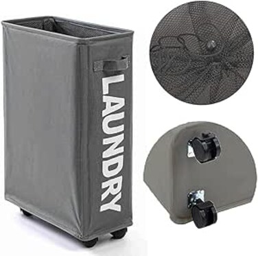 AMERTEER 22" Rolling Laundry Basket On Wheels, Foldable Laundry Hamper with Handle, Collapsible Slim Tall Laundry Sorter &amp; Organizer, Portable Basket Bin for Easy Storage (Dark Grey)