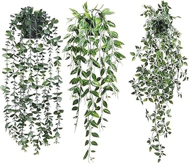 Angju Artificial Hanging Plants, 3 Pack Fake Hanging Plants Fake Potted Greenery Plants Faux Eucalyptus Vine, Mandala Vine in Pot for Home Room Indoor Outdoor Shelf Decor