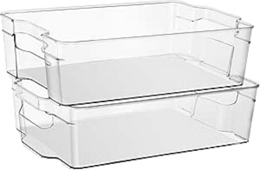 Sooyee 2-Pack Stackable Plastic Organizer Storage Bins with Handles for Kitchen, Fridge, Freezer, Pantry, Refrigerator and Cabinet Organization,BPA Free, Large