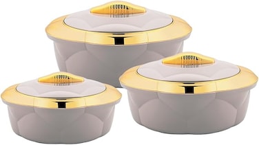 3pcs Casserole Set &ndash; Super Insulated Hot Pot with Stainless Steel Inner Casing &ndash; Food Storage &amp; Serving Dish with Lids &ndash; Keeps Food Hot/Cold for Hours (BEIGE, 1.2L,2.2L,3.2L)