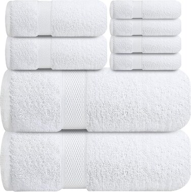 Infinitee Xclusives Premium Bath Towels Set - [Pack of 8] 100% Cotton Highly Absorbent 2 Bath Towels, 2 Hand Towels and 4 Washcloths - Hotel &amp; Spa Quality Bath Towels for Bathroom (Brilliant White)