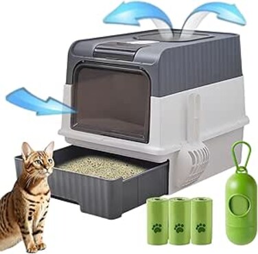 Seemo Cat Litter Box with Lid, Foldable Front Entry Top Exit Enclosed, Drawer Type Large Cat Toilet with Scoop,Deodorizing bag,Grey,35x37x49cm with 3 volumes Cat Poop Bags and a Bags Dispenser