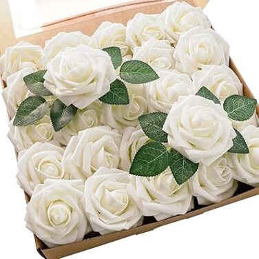 OOMYL Artificial Flowers Real Looking Ivory Foam Fake Roses with Stems for DIY Wedding Bouquets White Bridal Shower Centerpieces Arrangements Party Tables Decoration, 25pcs (Ivory)