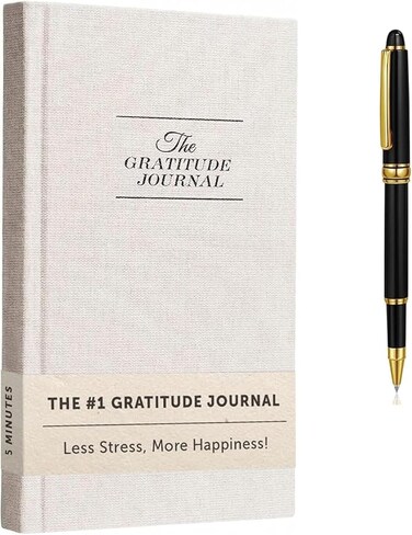 Gratitude Journal with Metal Pen, Five Minutes Journal a Day for More Happiness, Positivity, Mindfulness &amp; Self Care, A Simple Effective Daily Mindfulness Journal, for Women &amp; Men (White)